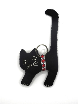 Ręcznie szyty kot brelok z haftem dwustronny czarny