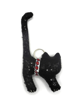 Ręcznie szyty kot brelok z haftem dwustronny czarny