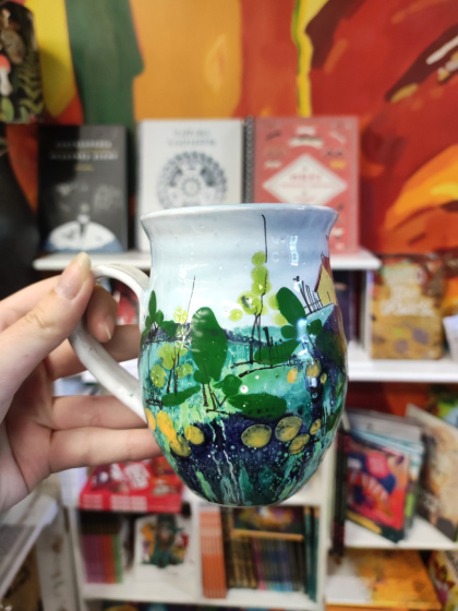 Ozdobny kubek ceramiczny ręcznie lepiony pejzaż błękitny 14