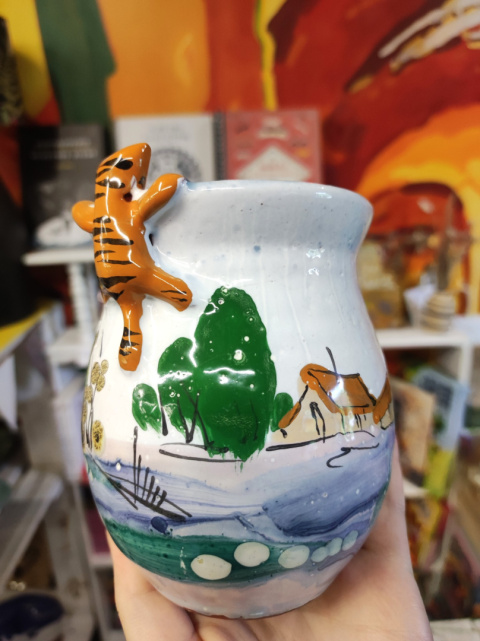 Ozdobny kubek ceramiczny ręcznie lepiony pejzaż błękitny 15 Ozdobny kubek ceramiczny ręcznie lepiony pejzaż błękitny 15