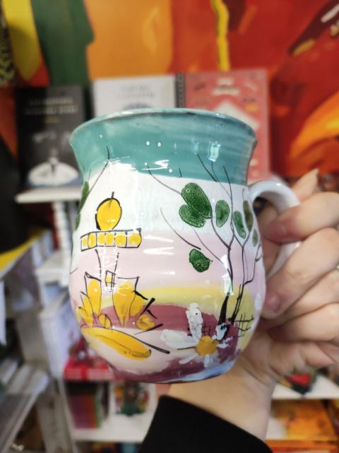 Ozdobny kubek ceramiczny ręcznie malowany pejzaż turkusowy Ozdobny kubek ceramiczny ręcznie malowany pejzaż turkusowy