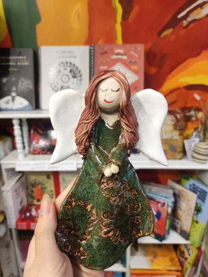 Anioł bieszczadzki ceramiczny ręcznie malowany do powieszenia ciemnozielony