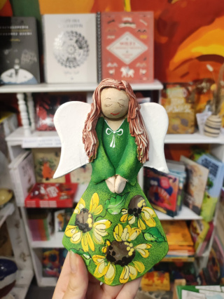 Anioł bieszczadzki ceramiczny ręcznie malowany do powieszenia jasnozielony