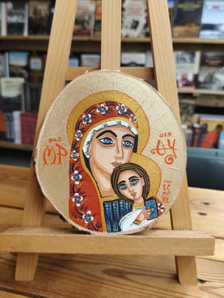 Matka Boska z Dzieciątkiem - ikona obraz malowany ręcznie na plastrze brzozy