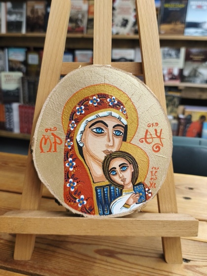 Matka Boska z Dzieciątkiem - ikona obraz malowany ręcznie na plastrze brzozy