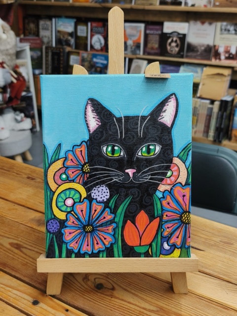 Czarny kot - obraz ręcznie malowany, akryl na płótnie