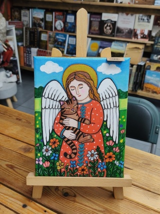 Anioł z kotem - obraz ręcznie malowany, akryl na płótnie