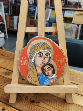 Matka Boska z Dzieciątkiem 2 - ikona obraz malowany ręcznie na plastrze brzozy