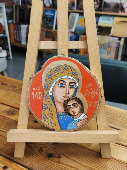 Matka Boska z Dzieciątkiem 2 - ikona obraz malowany ręcznie na plastrze brzozy