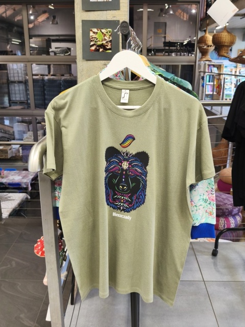 Koszulka Bieszczady unisex khaki z nadrukiem Niedźwiedź