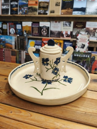 Zestaw talerz taca + cukiernica ceramiczna z malowanymi chabrami