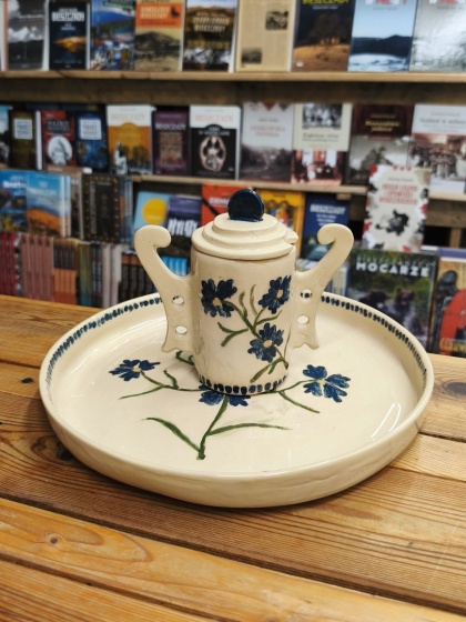 Zestaw talerz taca + cukiernica ceramiczna z malowanymi chabrami